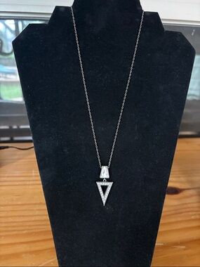 Guess Silver-Tone Triangle Pendant Necklace with Crystal Accents